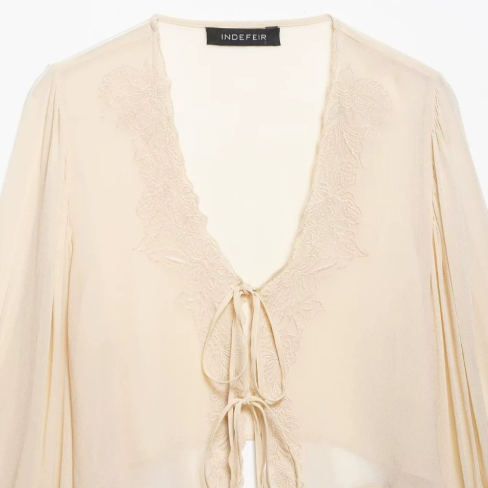 ZARA Embroidered Bow Detail Chiffon Top